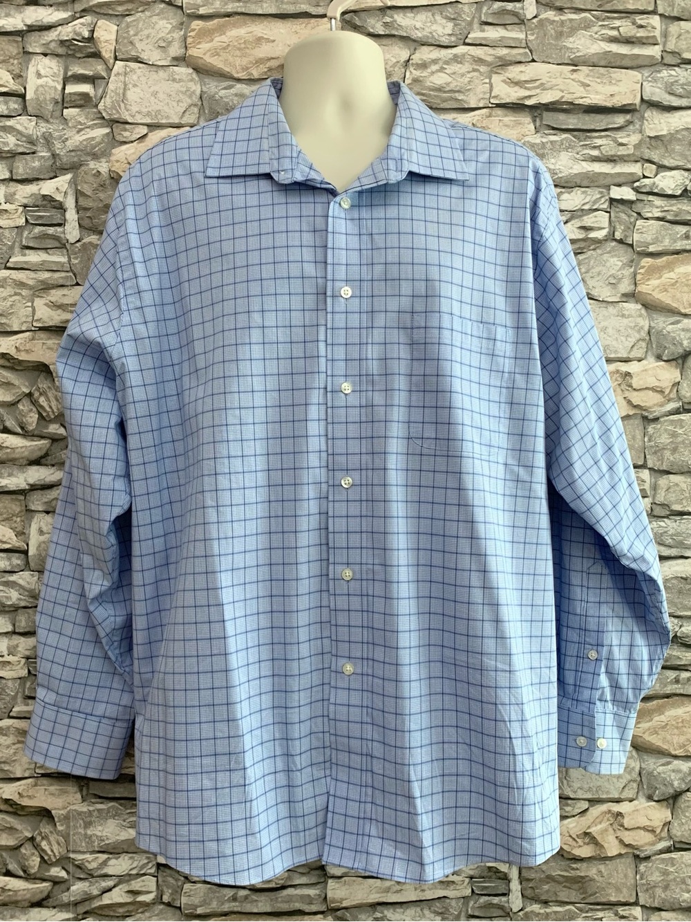 #01 Chaps Blue Check Plaid Collared Button Down Shirt Comfort Stretch Casual Top